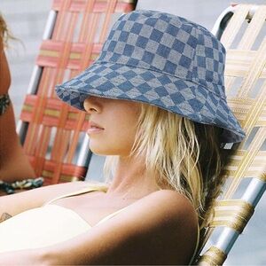 Blue Checkered Pattern Denim Bucket Hat OS New